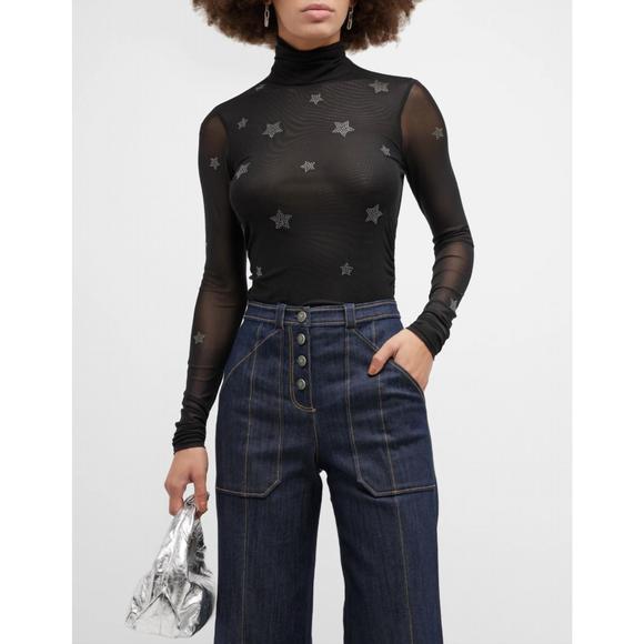 NEW CINQ A SEPT women star shirred mesh turtleneck top in black - Picture 1 of 5